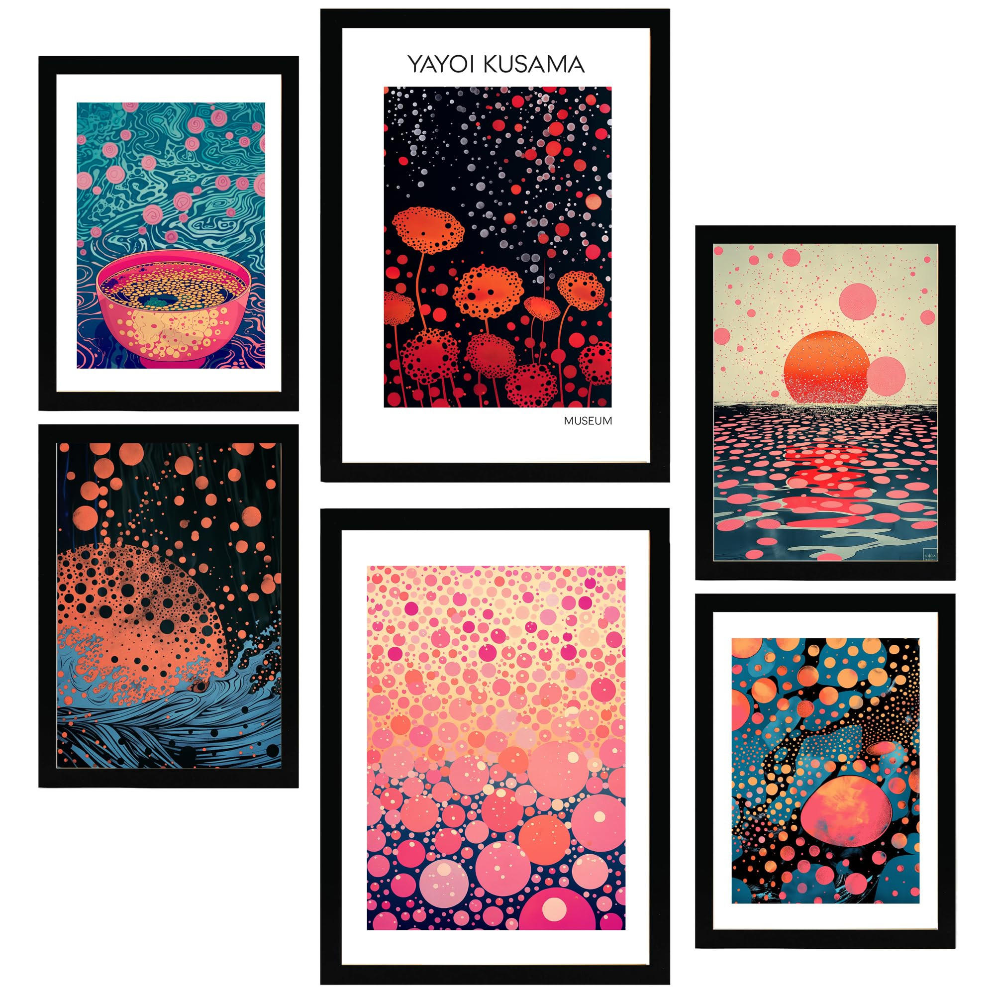 POSTER Set Mit 6 Kusama Welle A3 & A4 Schwarzer Rahmen - Schwarz, Papier (29/3cm) - Nacnic