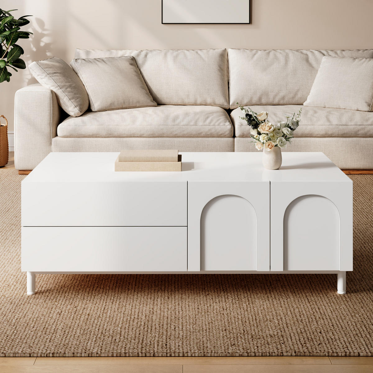 COUCHTISCH Stauraum Rechteckig Bogen Türen Modern - Weiß, Holzwerkstoff (50/100/39.5cm) - FLIEKS