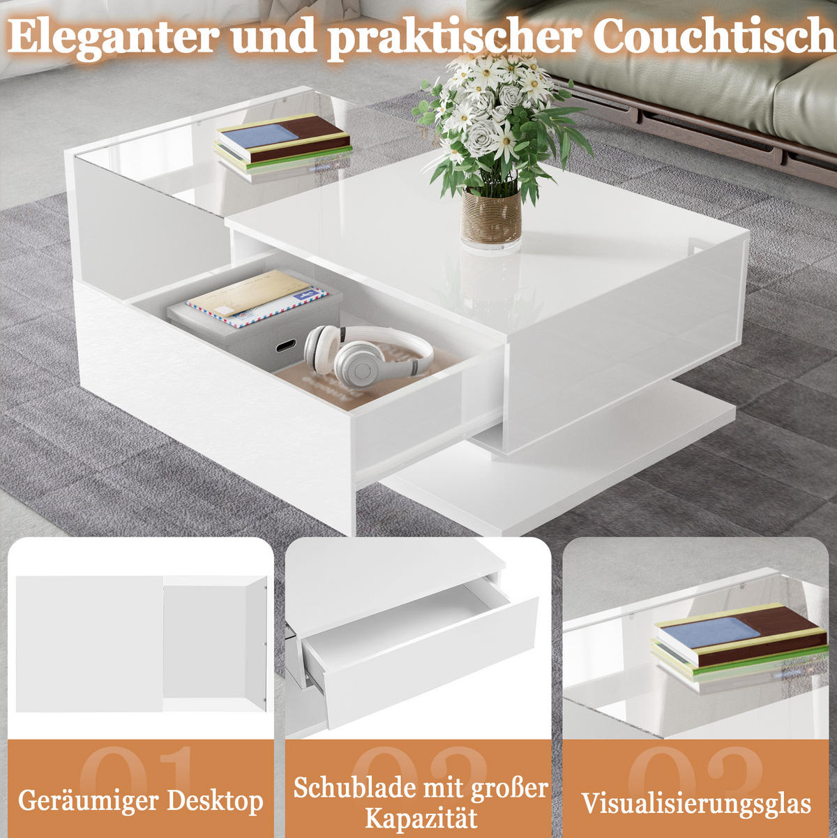 COUCHTISCH aus Spanplatte und Glas 105x55x32,5 cm in Weiß mit LED-Beleuchtung - Weiß, Holzwerkstoff (105/55/32.5cm) - Modfu