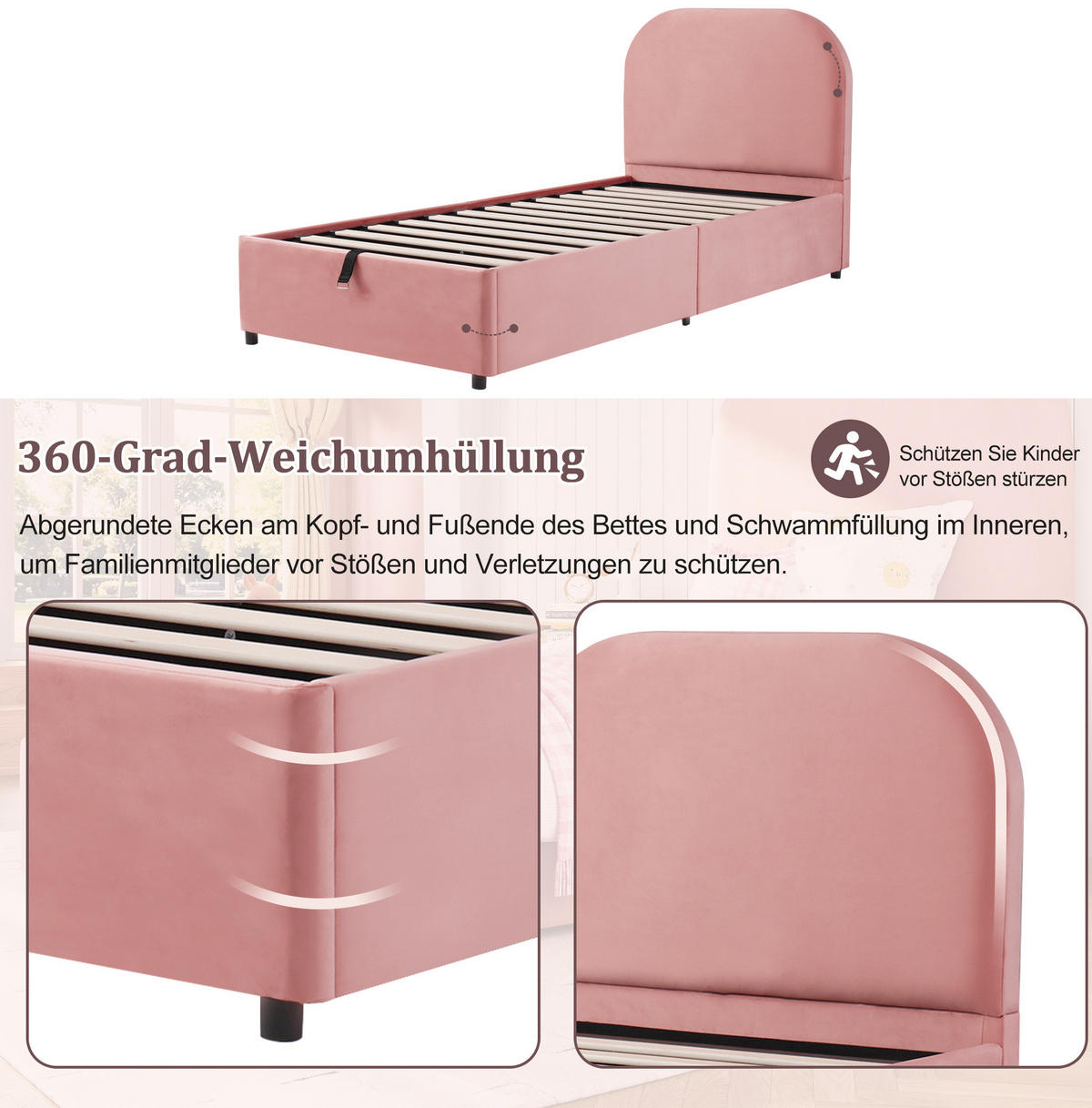 POLSTERBETT 90/200 cm aus Leinen mit Ladestation Becherhalter und Bettkasten Beige - Beige, Textil (90/200cm) - Modenvie