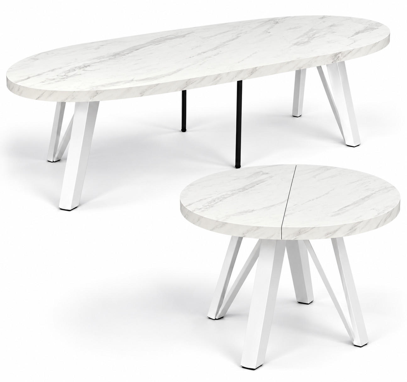 ESSTISCH rund ausziehbar 110/310/76 cm, Marmor, 54 cm Tischplatte + Industrial Metallgestell Weiß - Hellgrau/Weiß, Holzwerkstoff/Metall (110/310/76cm) - Damale Möbel