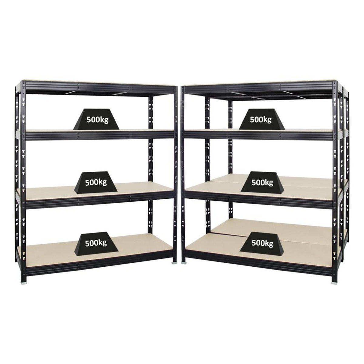 SCHWERLASTREGAL Rhino 3er-Set mit 3x 180x160x60 cm 4 Spanplatten-Ebenen 16mm Fachlast 500 kg Schwarz - Schwarz, Metall (480/180/60cm) - PROREGAL