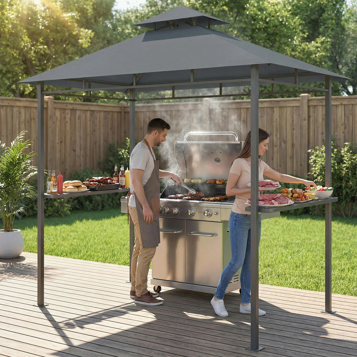 GRILLPAVILLON Polyester Metall Dunkelgrau - Dunkelgrau, Metall (146/255/245cm) - Outsunny