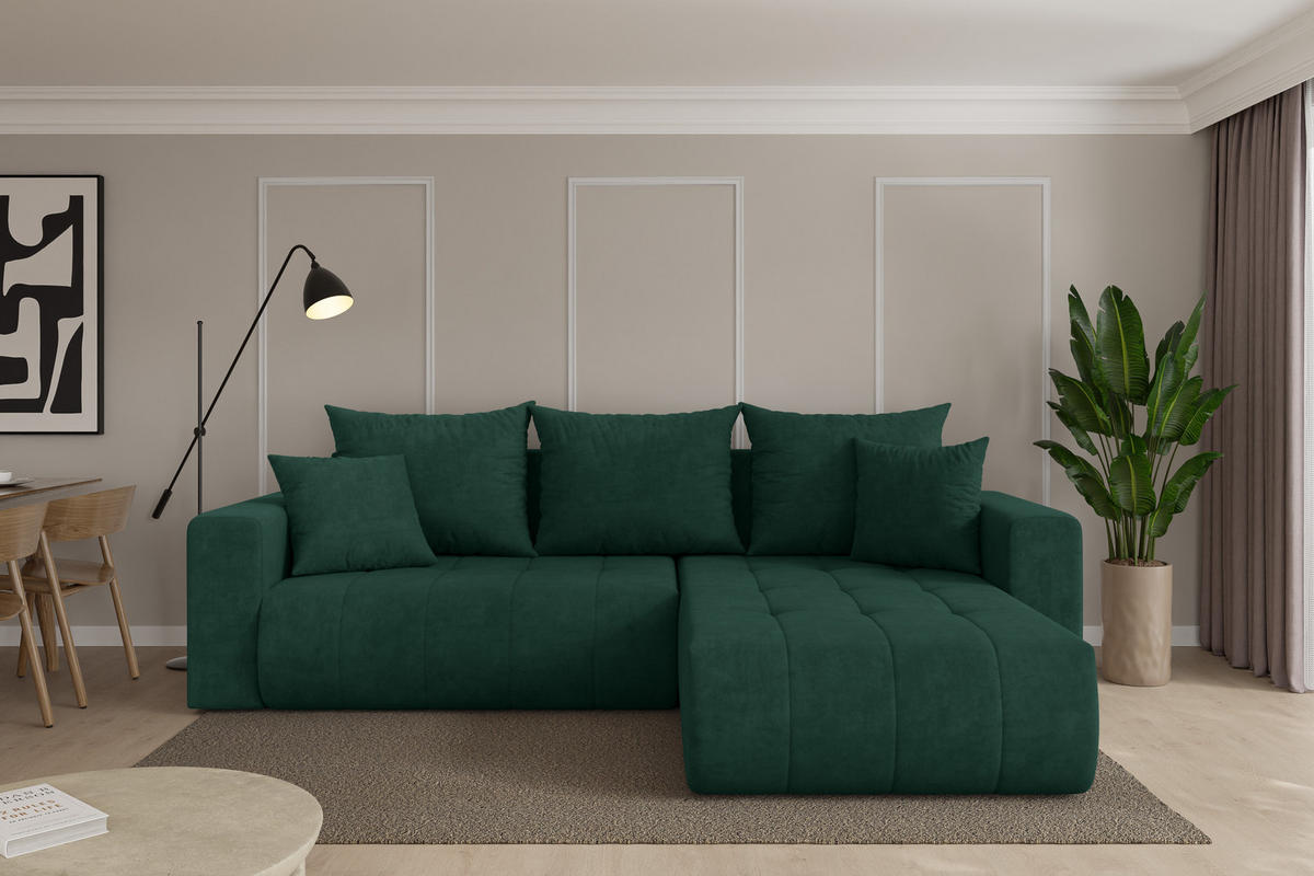 ROHOVÁ SEDAČKA s funkcí spaní, otoman vpravo MILA-L 277x194x86 zelená velur - černá/zelená barva, kompozitní dřevo/textil (277/194cm) - ALTDECOR