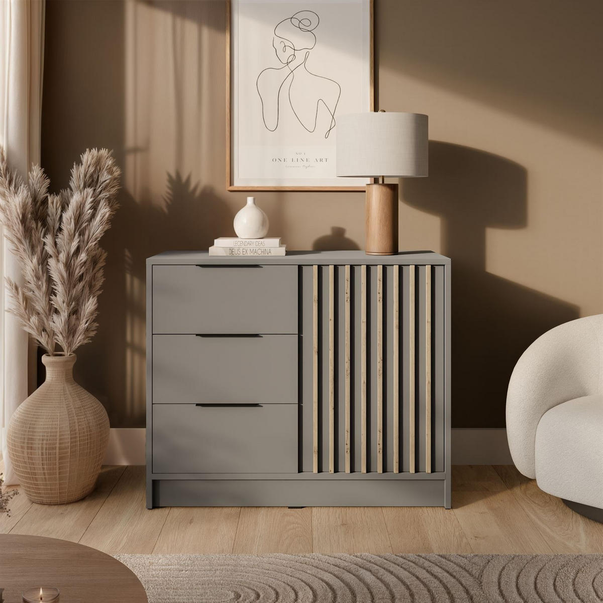 KOMMODE NELA mit Lamellen, Grau/Artisan - Grau, Holzwerkstoff (105/86/45cm) - Lookway