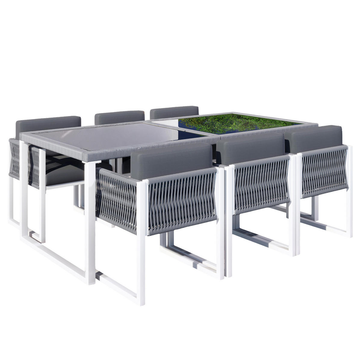 GARTEN-ESSGRUPPE 170/80/75 cm grau/weiß aus Eisen mit 6 Stühlen - Grau, Metall - OKWISH