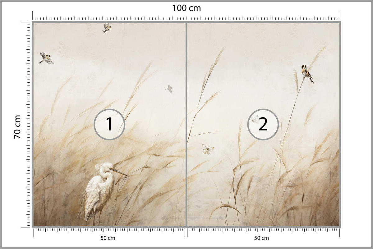 FOTOTAPETE für Schlafzimmer Vögel Storch Hohe Gräser Aquarell 100x70 - Beige/Gelb, Papier (100/70cm) - Muralo