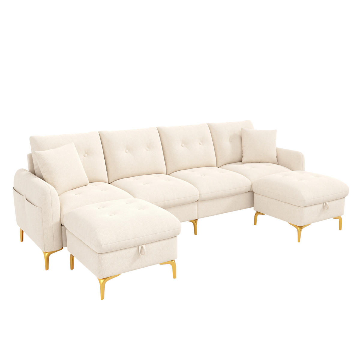 WOHNLANDSCHAFT U-Form 4-Sitzer mit 2 Stauraumhockern, DE-42504, Beige - Beige, Holzwerkstoff (263/85/137cm) - ComfortXL
