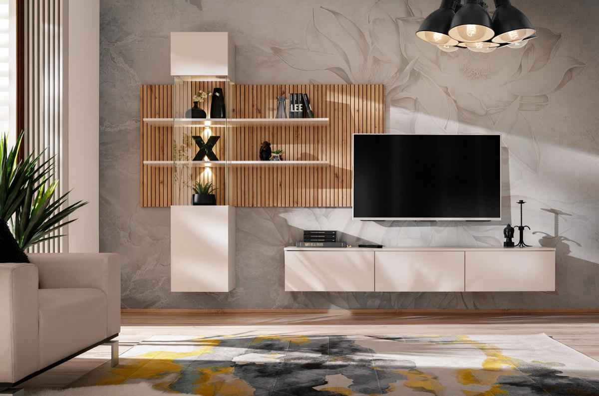 WOHNWAND Sand matt, Eiche Artisan 280 cm, Schrankwand hängend inklusive LED Beleuchtung - Sandfarben/Schwarz, Holzwerkstoff/Metall (280/180/45cm) - Furn.Design