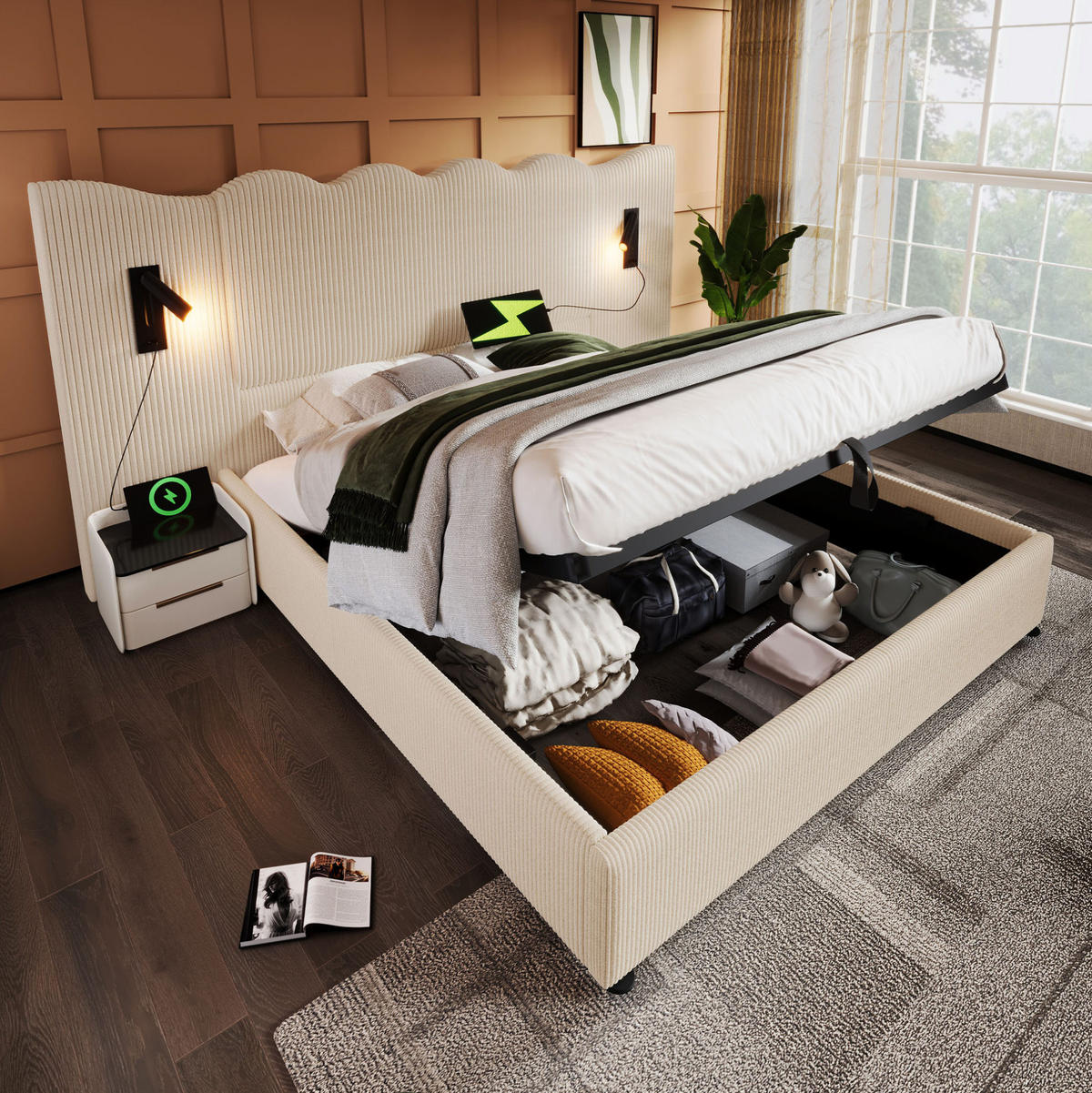 POLSTERBETT 180/200 cm Beige mit Leselampe, USB-C, Hydraulik, ohne Matratze - Beige, Textil (180/200cm) - MIVRAY