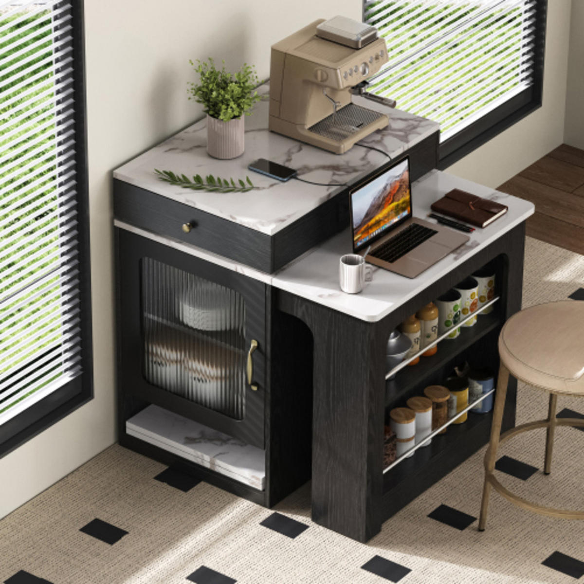 SIDEBOARD mit Riffelglastüren & Steckdosenstation schwarz 80×71-151×92 cm aus MDF und Glas - Schwarz, Holzwerkstoff (80/92/151cm) - Luhomfu