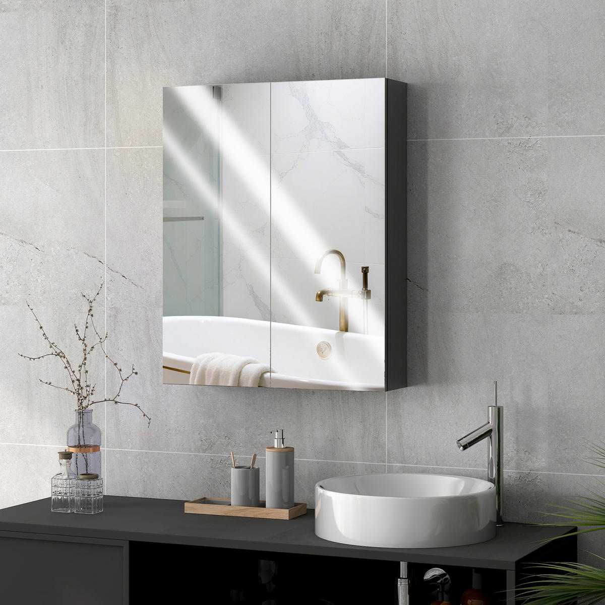 BADEZIMMER-WANDSCHRANK mit 2 Türen, Spiegel und 2 Einlegeböden, 60 x 15 x 75 cm ,Schwarz - Schwarz, Glas (60/75/15cm) - Vallsero