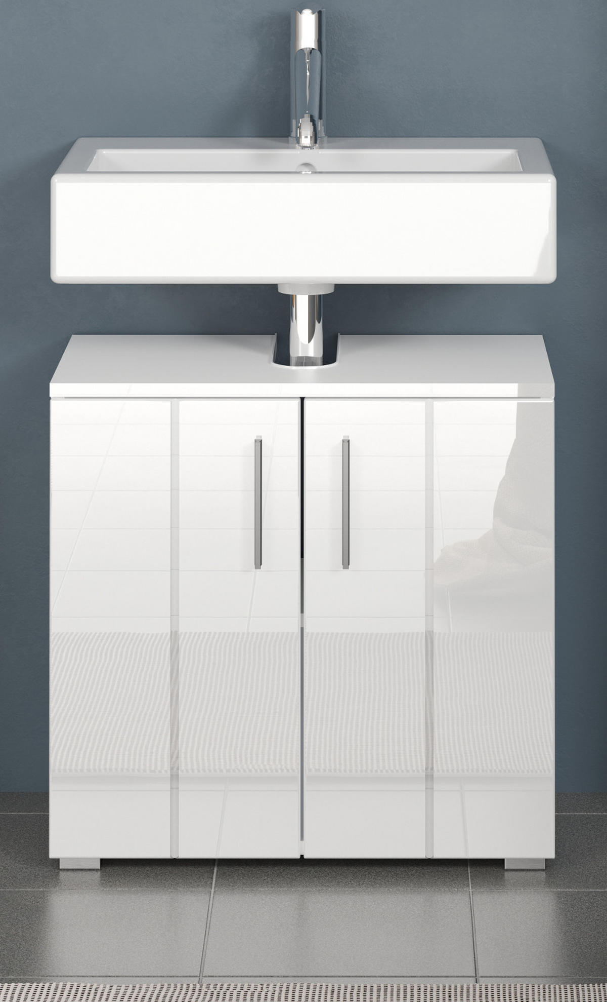 WASCHBECKENUNTERSCHRANK weiß Hochglanz, Badschrank 60 x 58 cm - Weiß Hochglanz/Silberfarben, Holzwerkstoff/Kunststoff (60/58/34cm) - Top.Furn