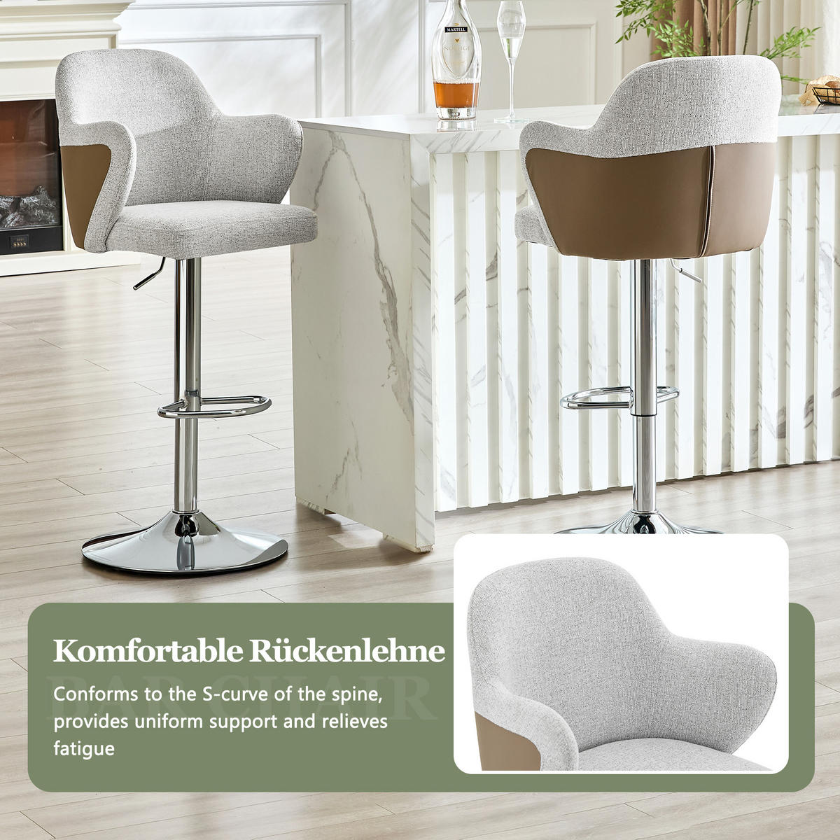BARHOCKER 2er-Set Hellgrau höhenverstellbar 360° drehbar mit Armlehnen - Graubraun, Textil (45/118/37.6cm) - PANGIVO