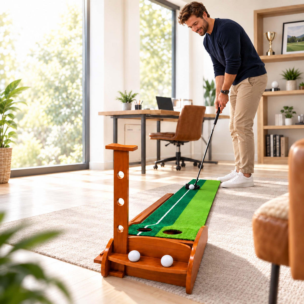 PUTTINGMATTE Natur Grün automatische Ballrückgabe 300 cm - Multicolor, Holz/Kunststoff (37.5/300cm) - Relaxdays