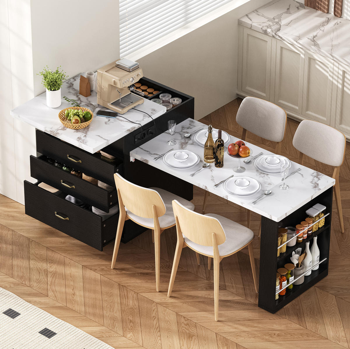 KÜCHENINSEL 125.5-187.5x71x93 cm Schwarz mit LED-Beleuchtung & Ladestation - Schwarz, Holzwerkstoff (187.5/93/71cm) - Modfu