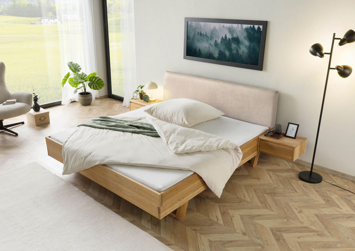 HOLZBETT mit Nachttischen Fichte 180x200x85 natur gebeizt / geölt, Kopfteil beige FICHTELBERG #147 - Beige/Braun, Holz (180/200cm) - Massivmoebel24
