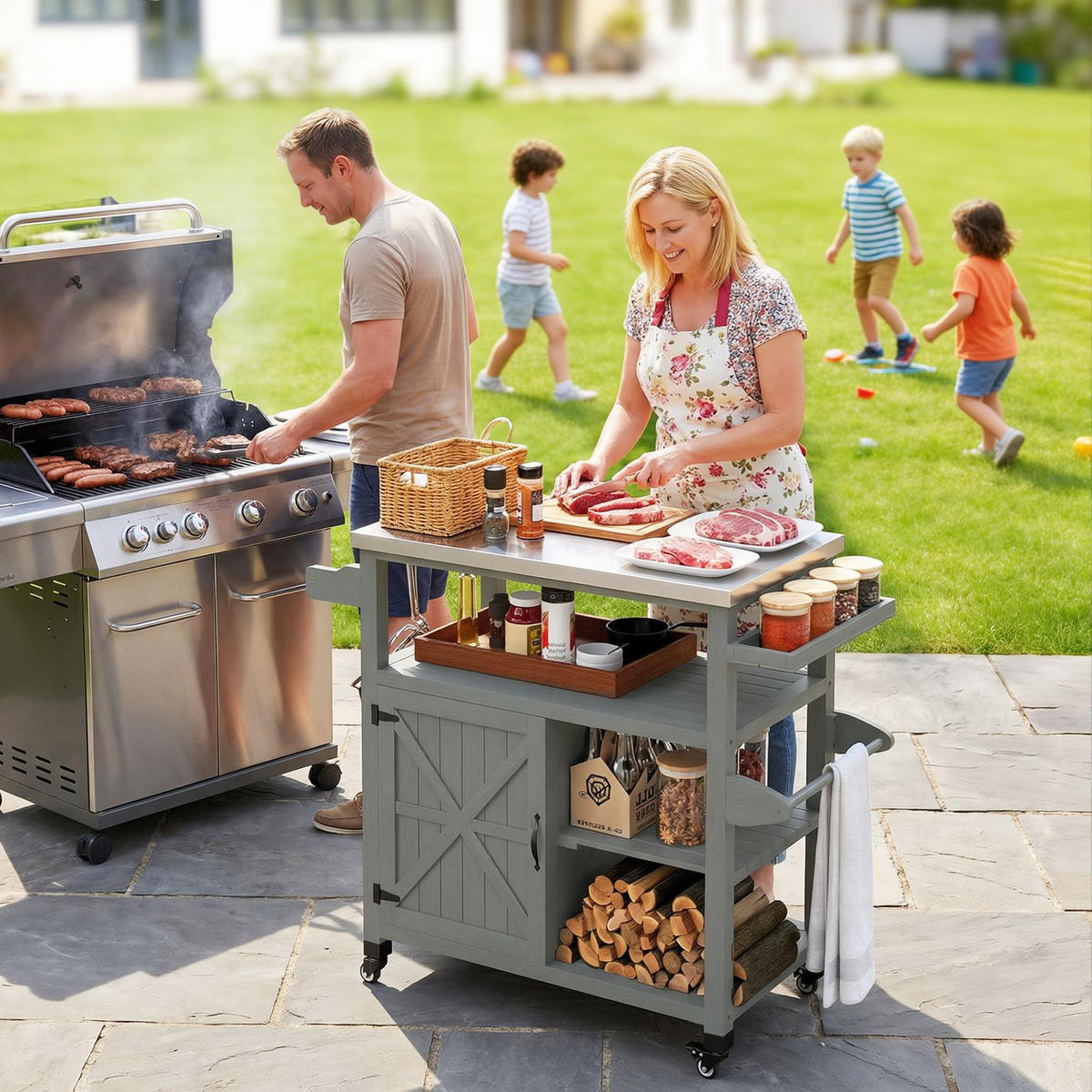 GRILLWAGEN DE-13858 mit Edelstahl-Arbeitsplatte und Holzrahmen Grau - Grau, Metall (49.5/92.5/107cm) - ComfortXL