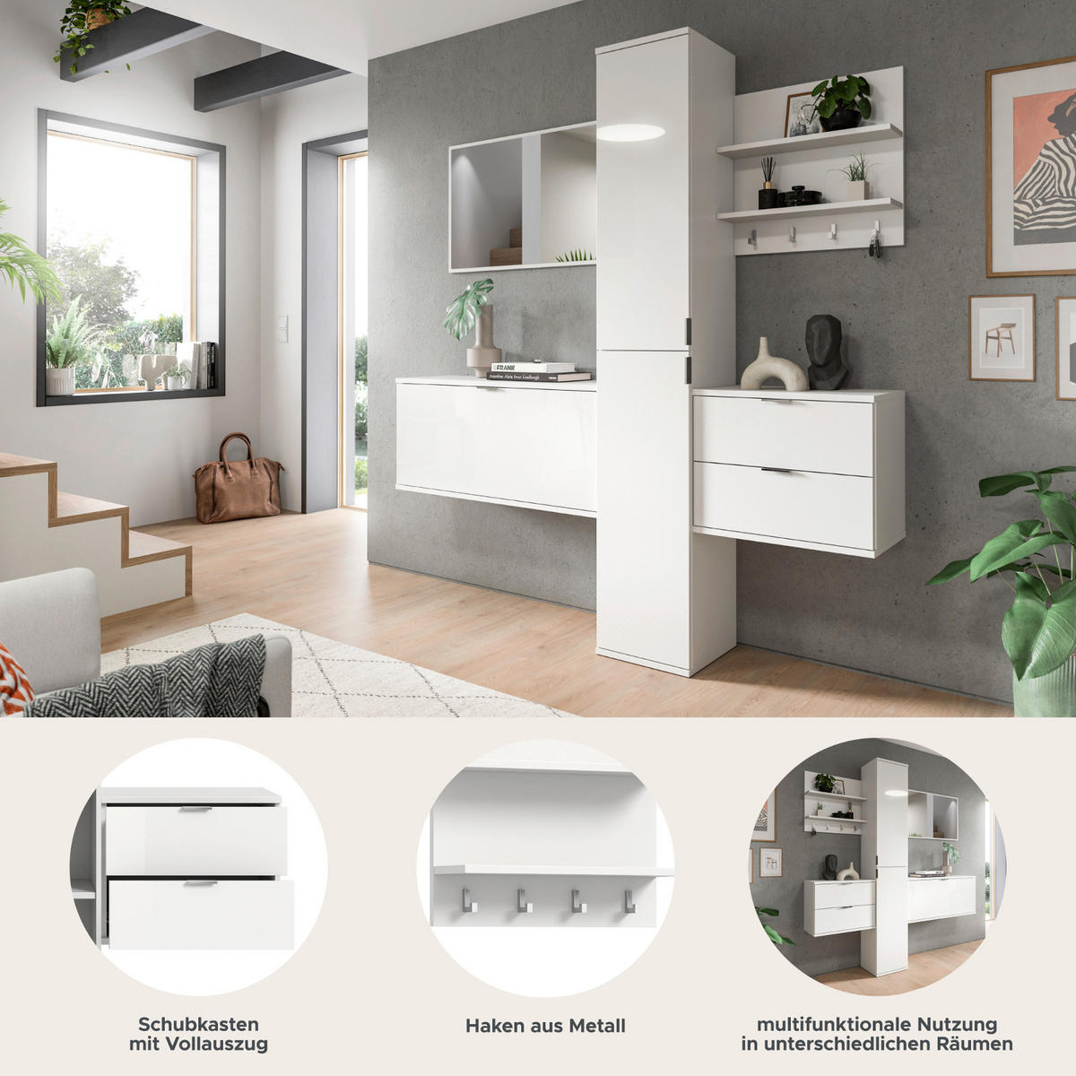 GARDEROBE Set 5-teilig weiß Hochglanz 174 cm, moderne Garderobenkombination - Chromfarben/Weiß Hochglanz, Holzwerkstoff/Kunststoff (174/193/34cm) - Inn.Furn