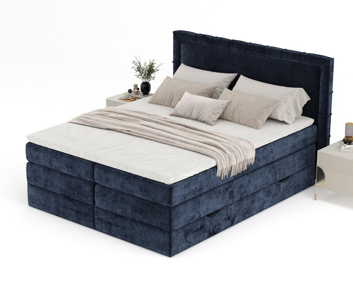 BOXSPRINGBETT Rosabel Marineblau 140/200 cm mit Matratze und Topper - Schwarz/Dunkelblau, Holz/Holzwerkstoff (140/200cm) - Maison de Reve