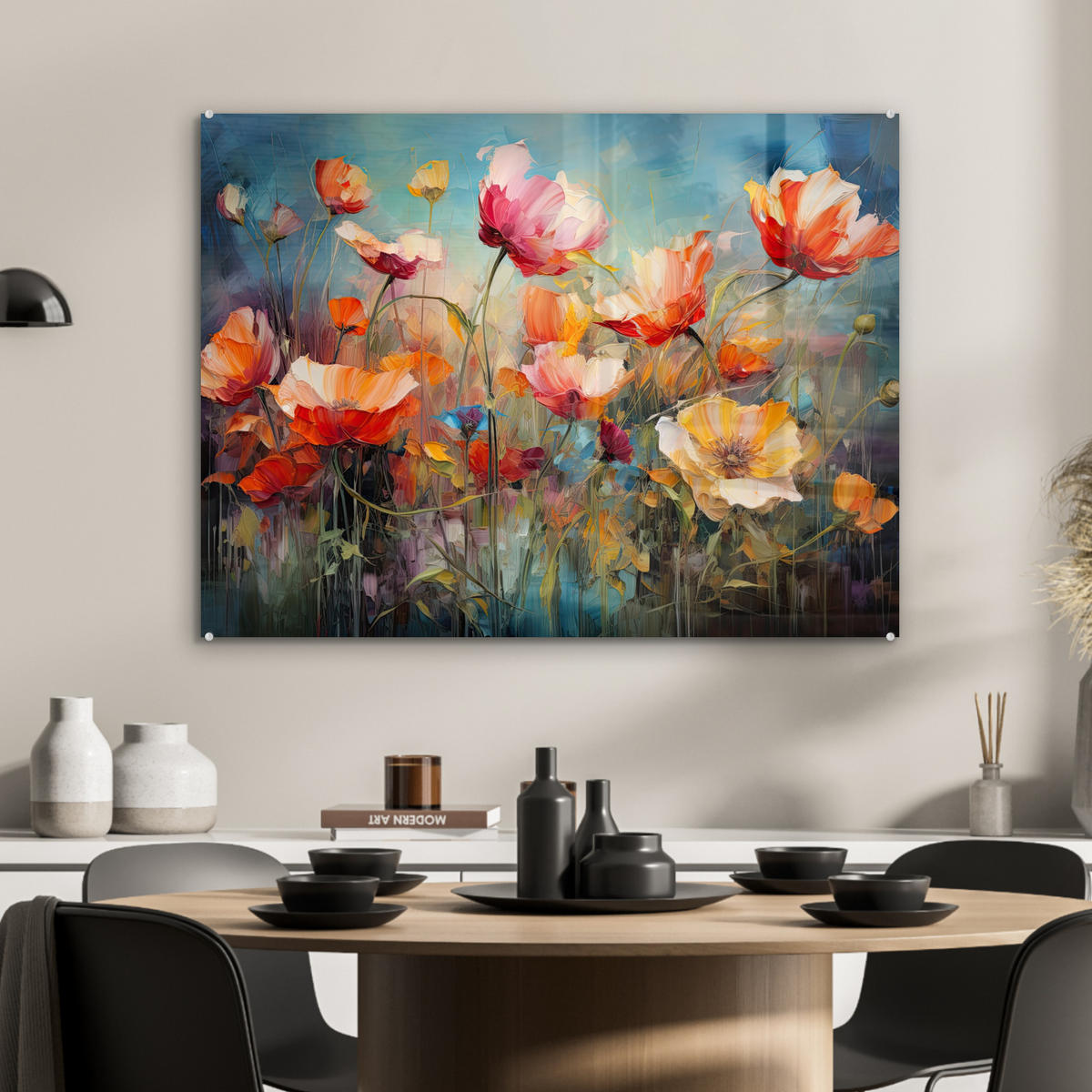 ACRYLGLASBILD Blumen - Aquarell - Kunst - Botanisch - Natur 80x60 cm - Orange, Glas (80/60cm) - MuchoWow