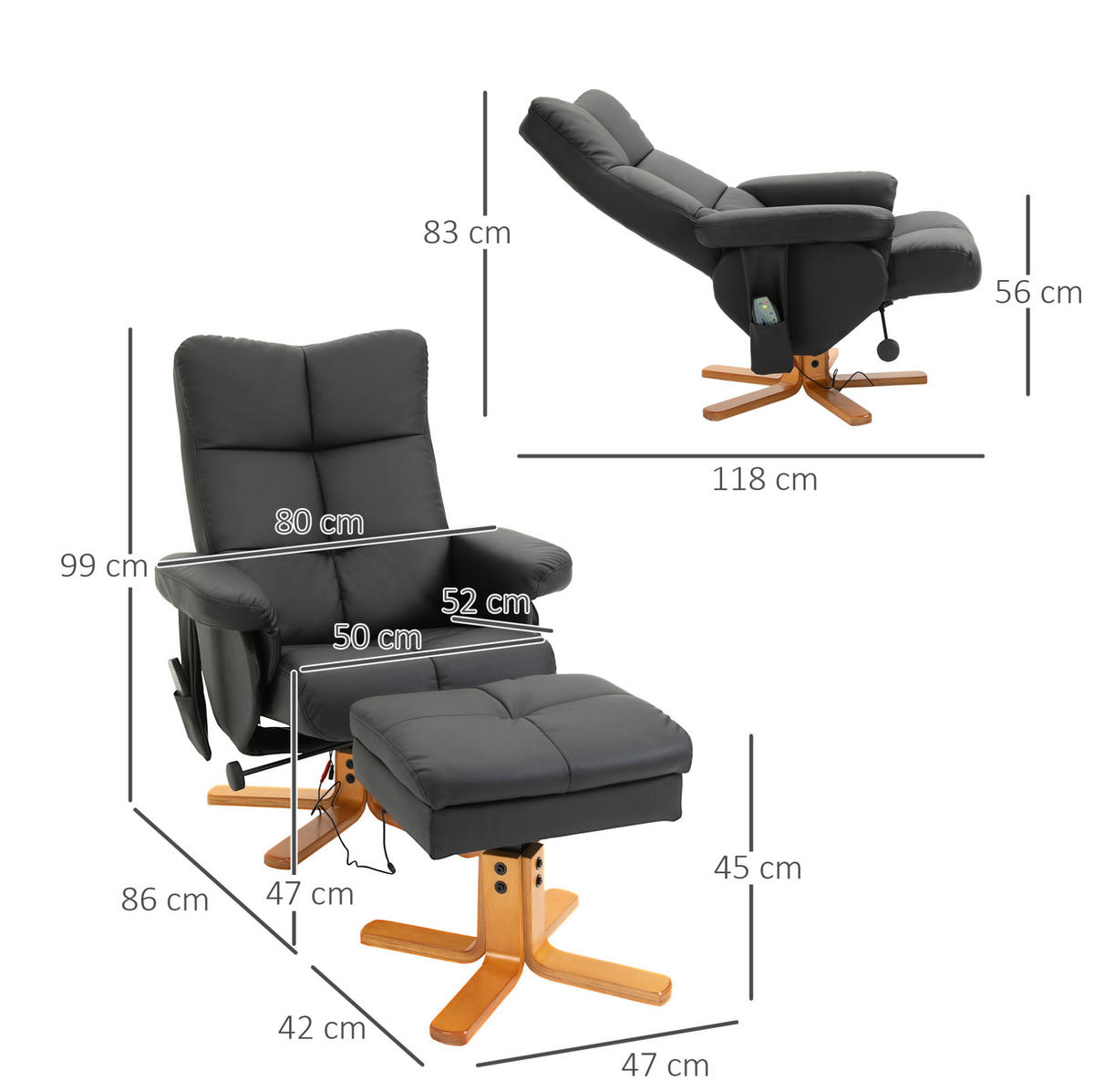 RELA/AČNÍ křeslo s taburetem, 80/86/99 cm, černé, s podnožkou a funkcí sklopení - černá, dřevo (86/99/80cm) - BEAOK