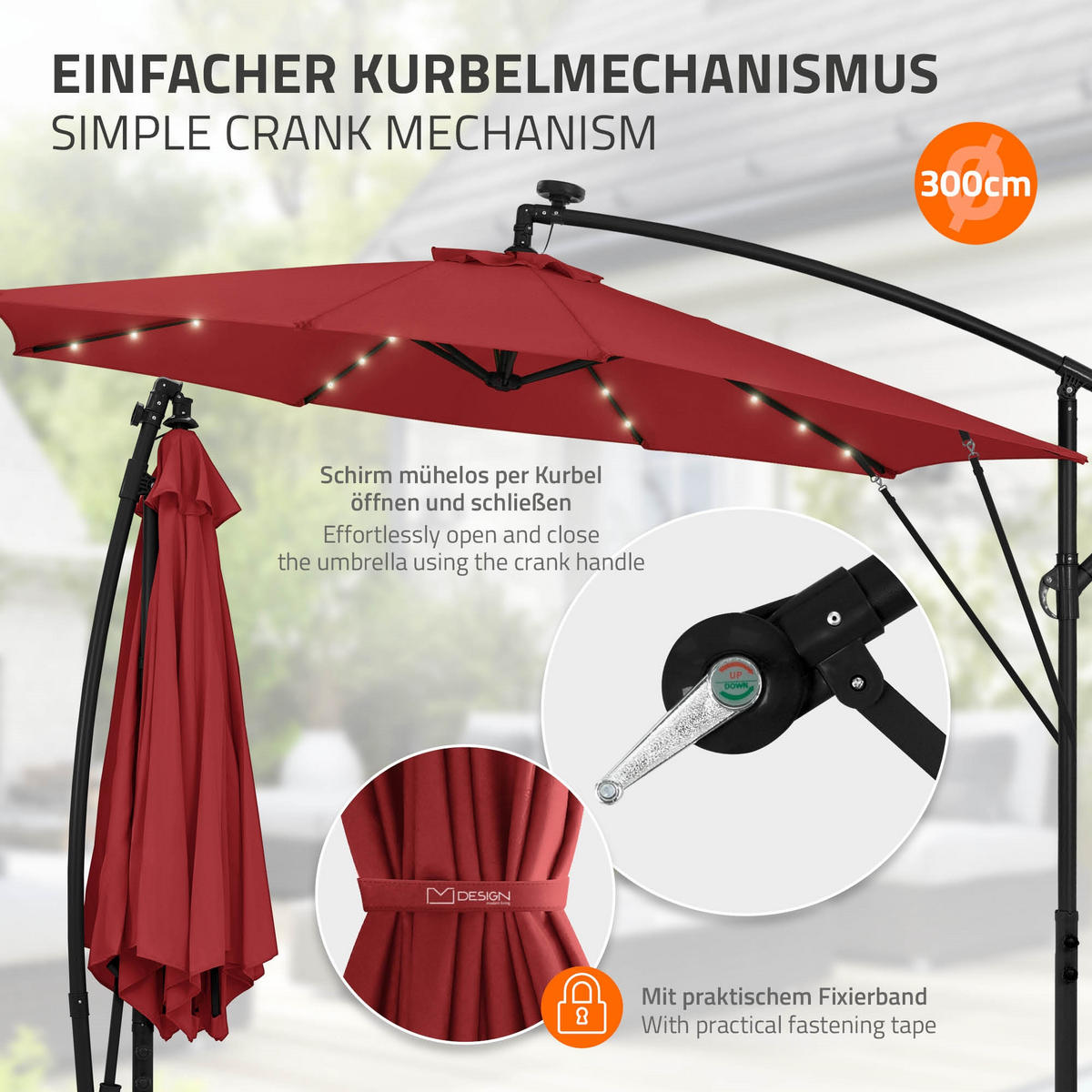 AMPELSCHIRM Ø 300 cm in Rot aus Aluminium mit LED-Solar - Rot, Metall (300/300cm) - ML-DESIGN