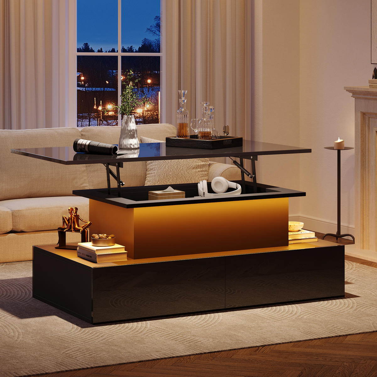 COUCHTISCH 90/55/41 cm schwarz aus Holzwerkstoff mit LED-Beleuchtung und Stauraum - Schwarz, Holzwerkstoff (90/55/41cm) - OKMYHOME
