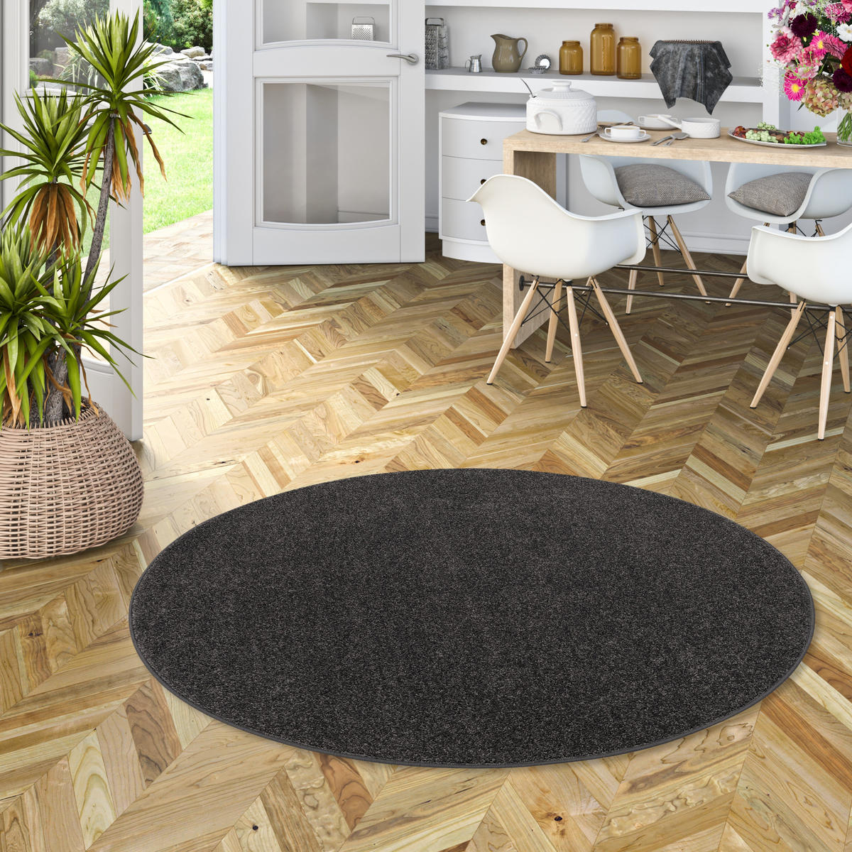 HOCHFLOR VELOURS TEPPICH COTTAGE RUND - Anthrazit, Textil (100/100cm) - Snapstyle