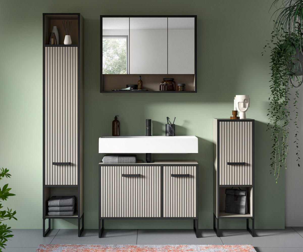 BADMÖBEL-SET 4-teilig Scana in schwarz, sand 170 cm, Kombination mit Soft-Close - Sandfarben/Schwarz, Glas/Holzwerkstoff (170/192/36cm) - Inn.Furn