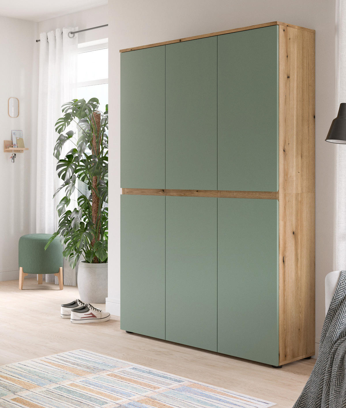 MEHRZWECKSCHRANK grün, Evoke Eiche 105 x 175 cm, Stauraumschrank 6-türig mit 18 Fächern - Eichefarben/Schwarz, Holzwerkstoff/Kunststoff (105/175/37cm) - Inn.Furn