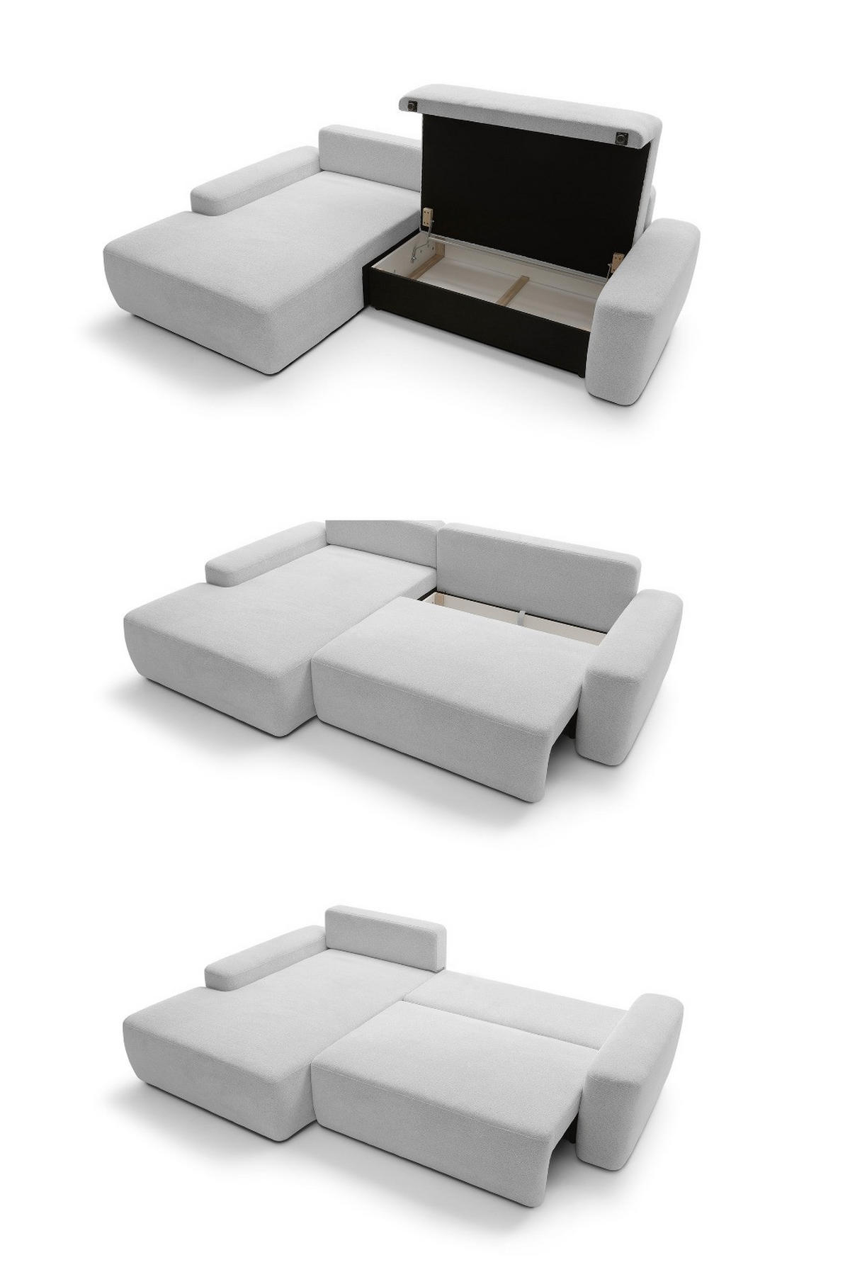 ECKSOFA BOULI 4-Sitzer Polstersofa Raven mit Schlaffunktion 130x210cm Bettzeugablage 264x162x82cm linksseitig Farbe: grau - Silberfarben, Holz/Textil (162/264cm) - DomoHome