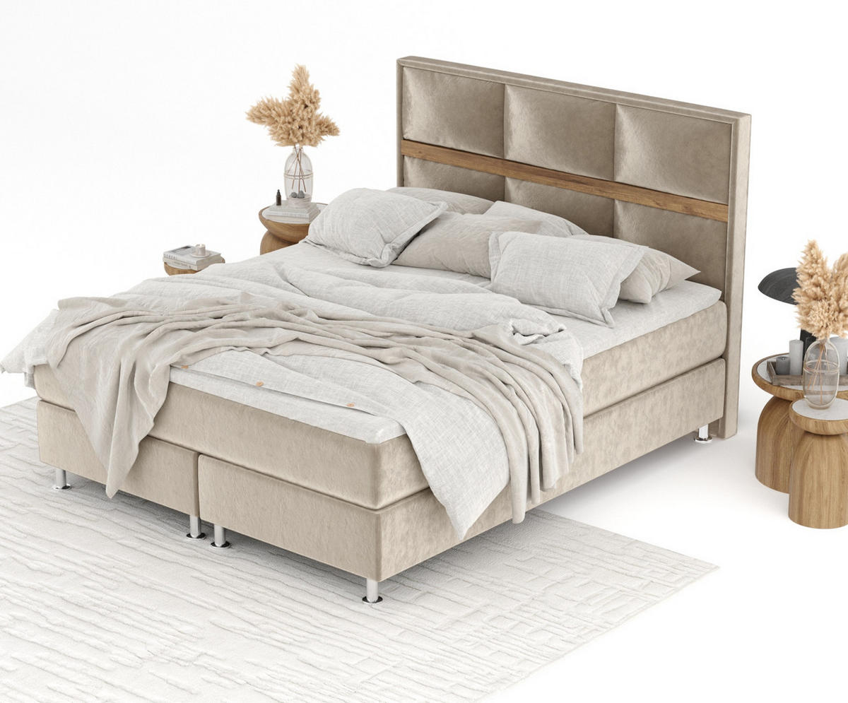 BOXSPRINGBETT Soto Beige 200/200 cm mit Latex-Topper - Beige/Silberfarben, Holz/Holzwerkstoff (200/200cm) - Maison de Reve