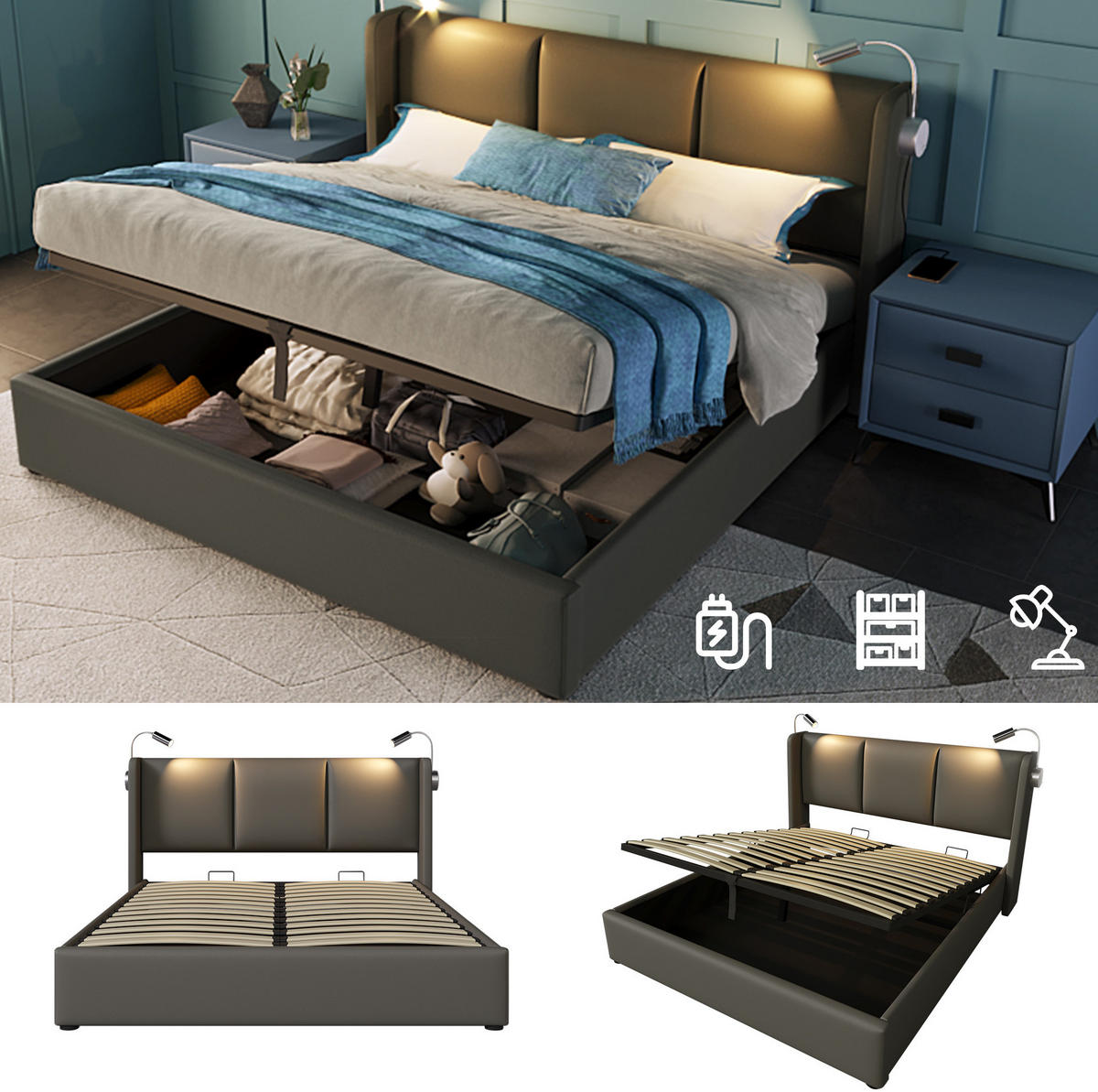 POLSTERBETT 160/200 cm Grau aus PU mit Bettkasten - Grau, Kunststoff (160/200cm) - OKMYHOME
