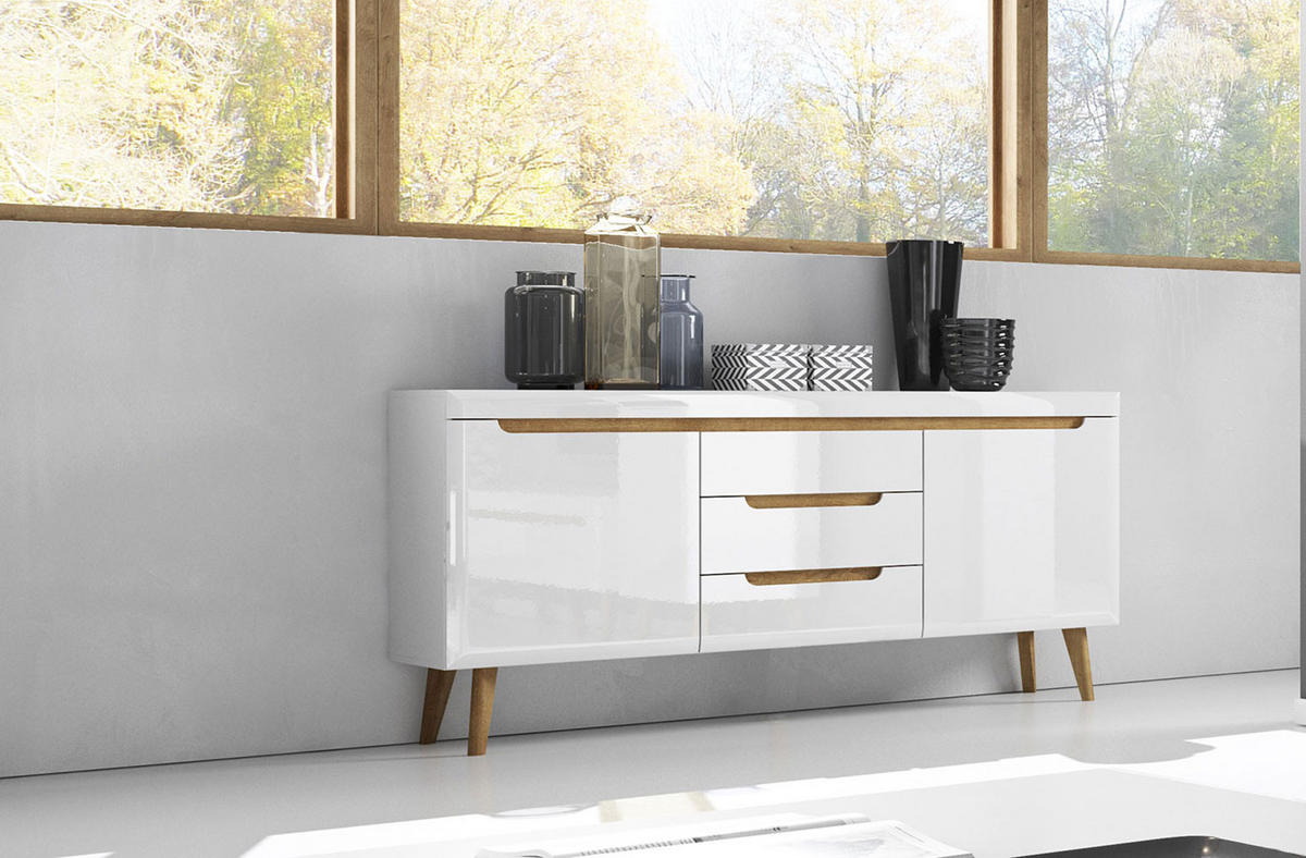 SIDEBOARD Nordi weiß / Riviera Eiche 160 / 40 / 83cm - Weiß Hochglanz/Eichefarben, Holzwerkstoff (160/83/40cm) - Feldmann-Wohnen