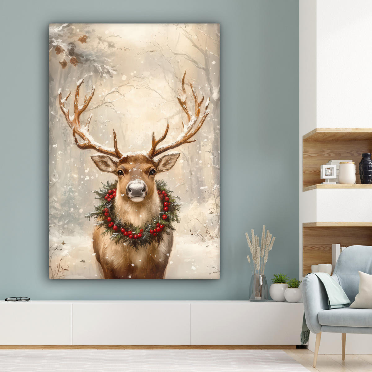OBRAZ NA PLÁTNĚ Vánoce - sobi - zima - věnec 90x140 cm - přírodní, textil (90/140cm) - MuchoWow