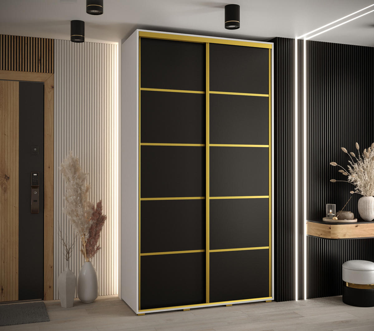 SCHWEBETÜRENSCHRANK 235,2/140/60 2-türig - Goldfarben/Schwarz, Holz/Metall (140/235/60cm) - Abiks Möbel