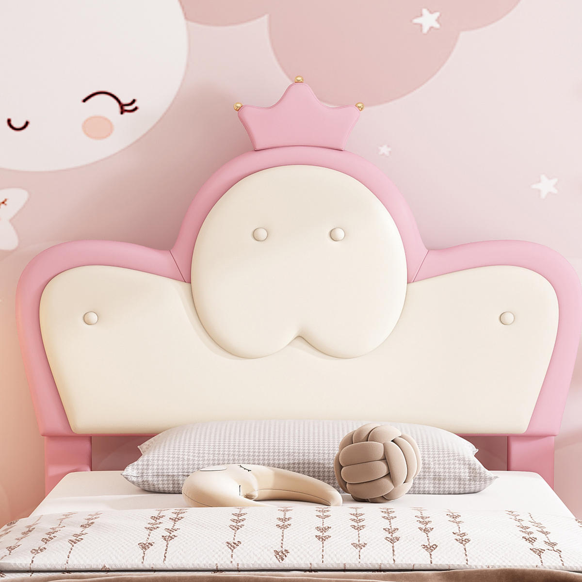 KINDERBETT Polsterbett 90/200 cm aus PU mit LED-Lichtleiste und Kronenkopfteil Rosa/Weiß - Weiß, Kunststoff (90/200cm) - Modenvie