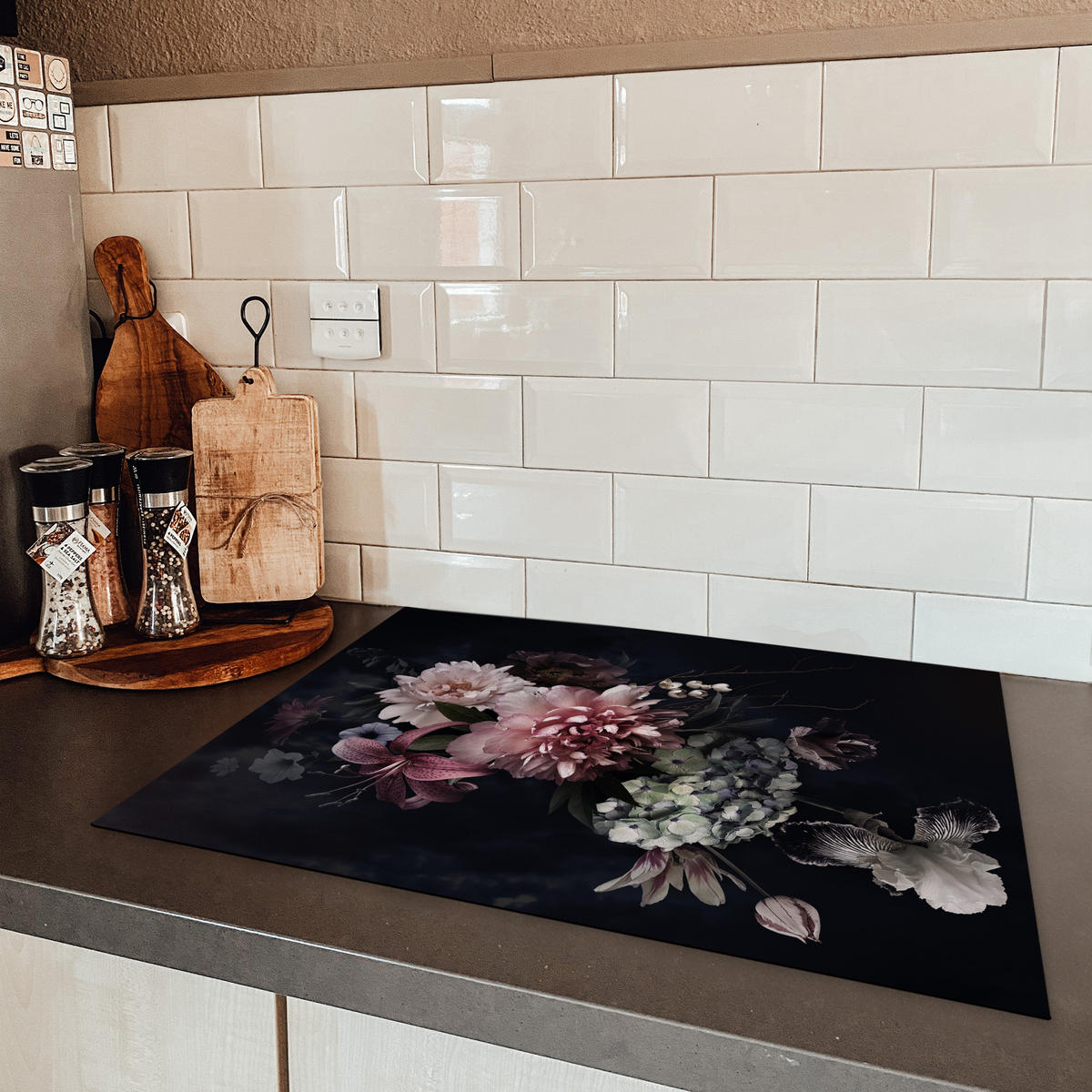 HERDABDECKPLATTE Blumen - Vintage - Pastell - Rosa - Weiß 71x52 cm - Altrosa, Kunststoff (71/0.2/52cm) - MuchoWow