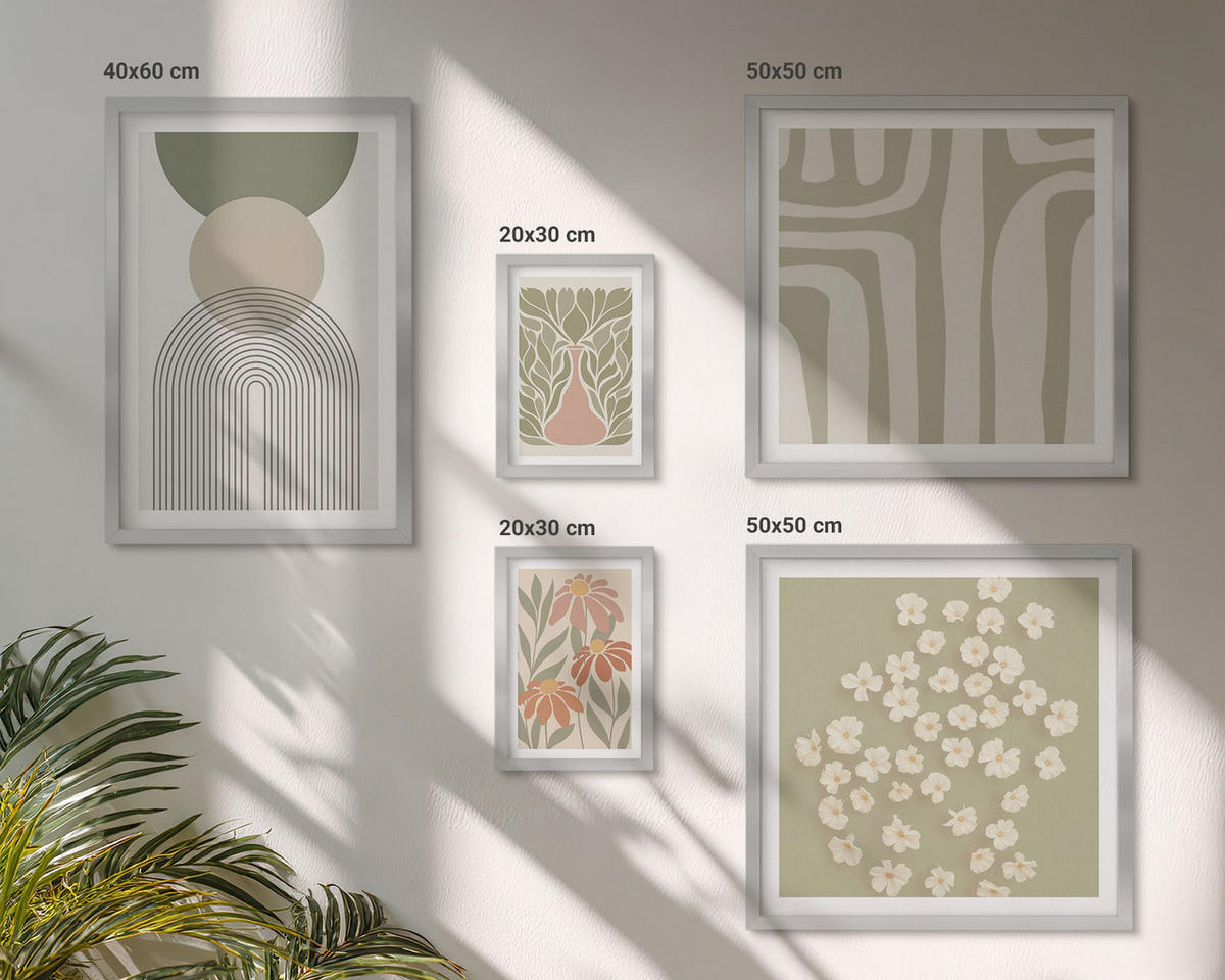 BILDER SET 5er Set - 50x50 cm & 20x30 cm & 40x60 cm Silberner Rahmen - Floraler minimalistischer Boho-Stil - Silberfarben, Kunststoff (40/60cm) - TULUP