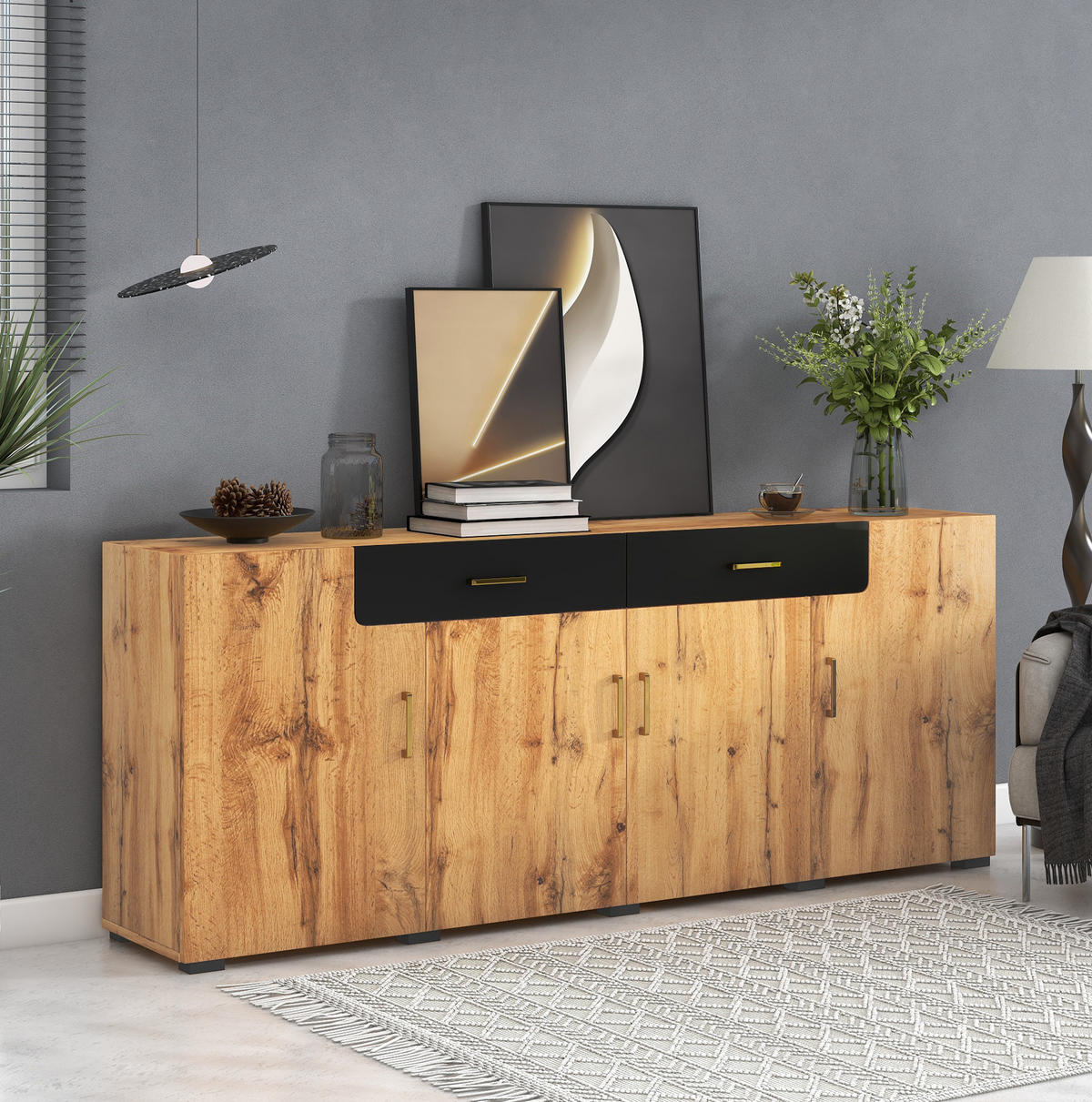 SIDEBOARD 208/39.5/80 cm Braun aus Spanplatte mit 4 Türen und 2 Schubladen - Braun, Holzwerkstoff (39.5/80/208cm) - OKMYHOME