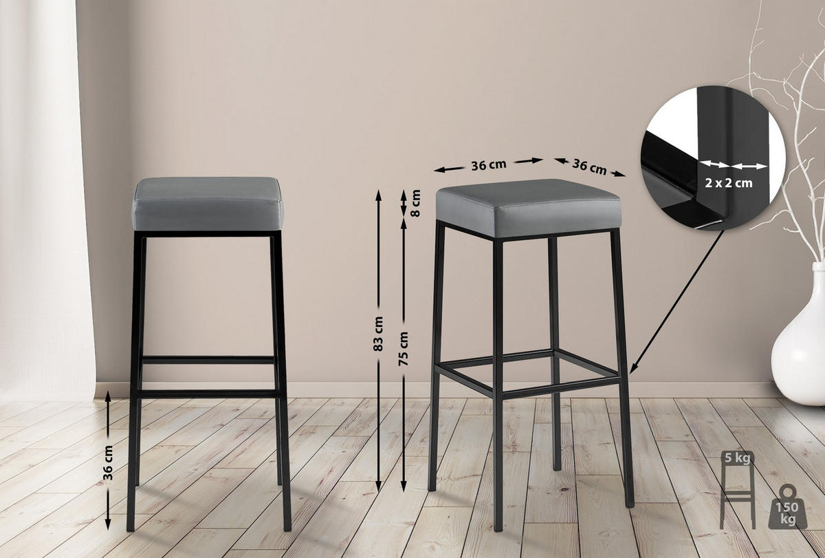 BARHOCKER 2er Set Lederlook grau - Schwarz/Grau, Textil/Metall (37/83/37cm) - CLP