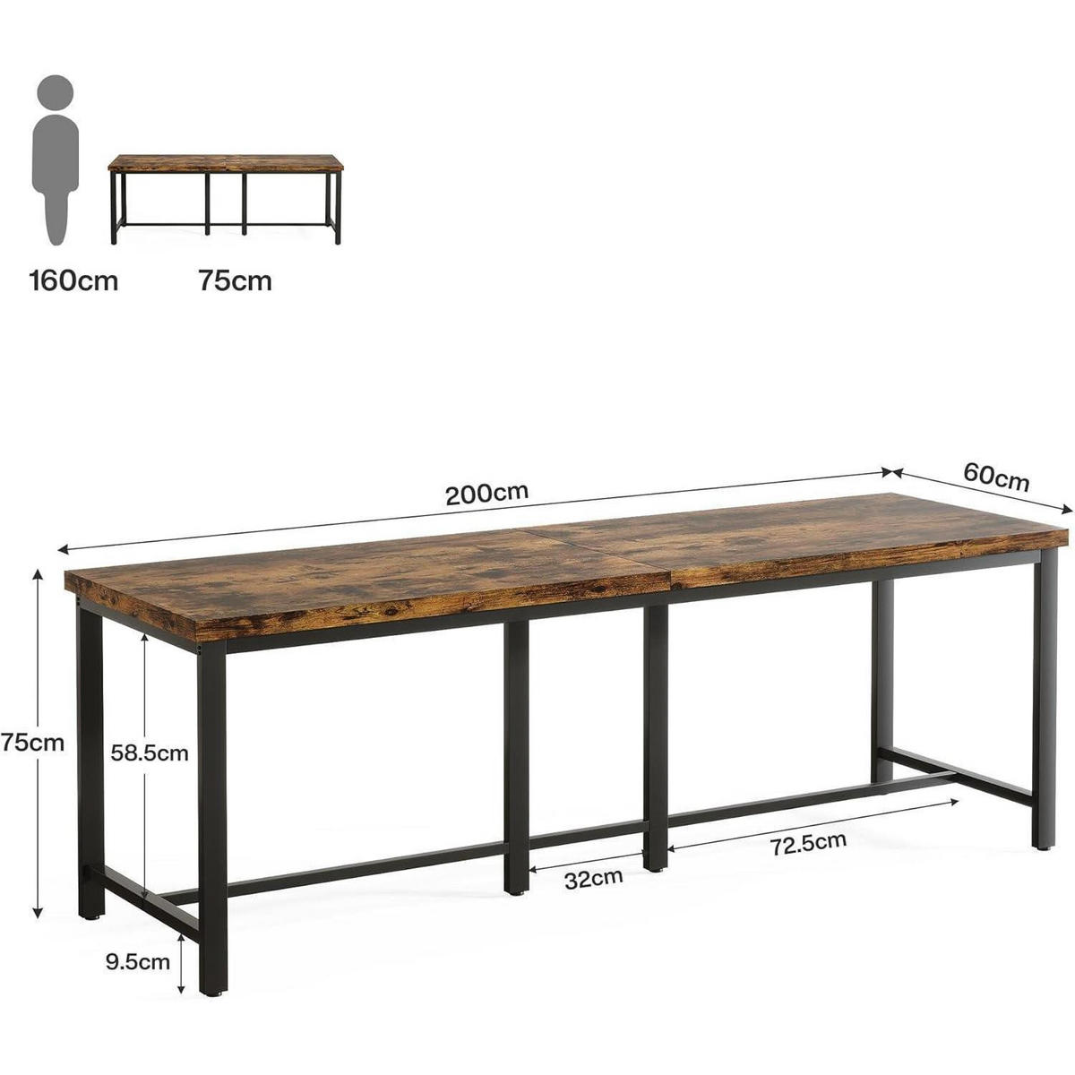 DOPPELSCHREIBTISCH 200 cm Vintage Braun/Schwarz - Braun, Holzwerkstoff (60/200/77cm)