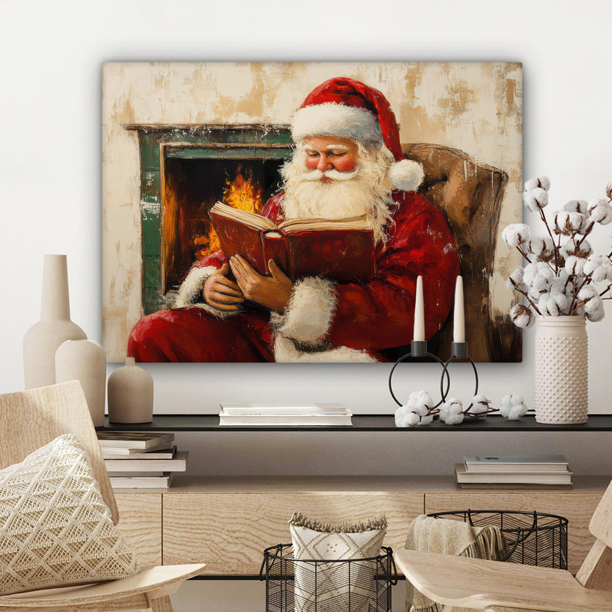 LEINWANDBILD Weihnachten - Weihnachtsmann - Winter - Open Fireside Wandbilder 80x60 cm - Dunkelrot, Textil (80/60cm) - MuchoWow