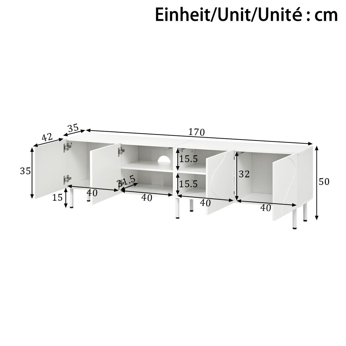 TV-LOWBOARD 170 x 35 x 50 cm, 4 Push-to-Open-Türen, 3D-Wellenfront, Metallfüße, Weiß - Weiß, Holzwerkstoff (170/50/35cm)