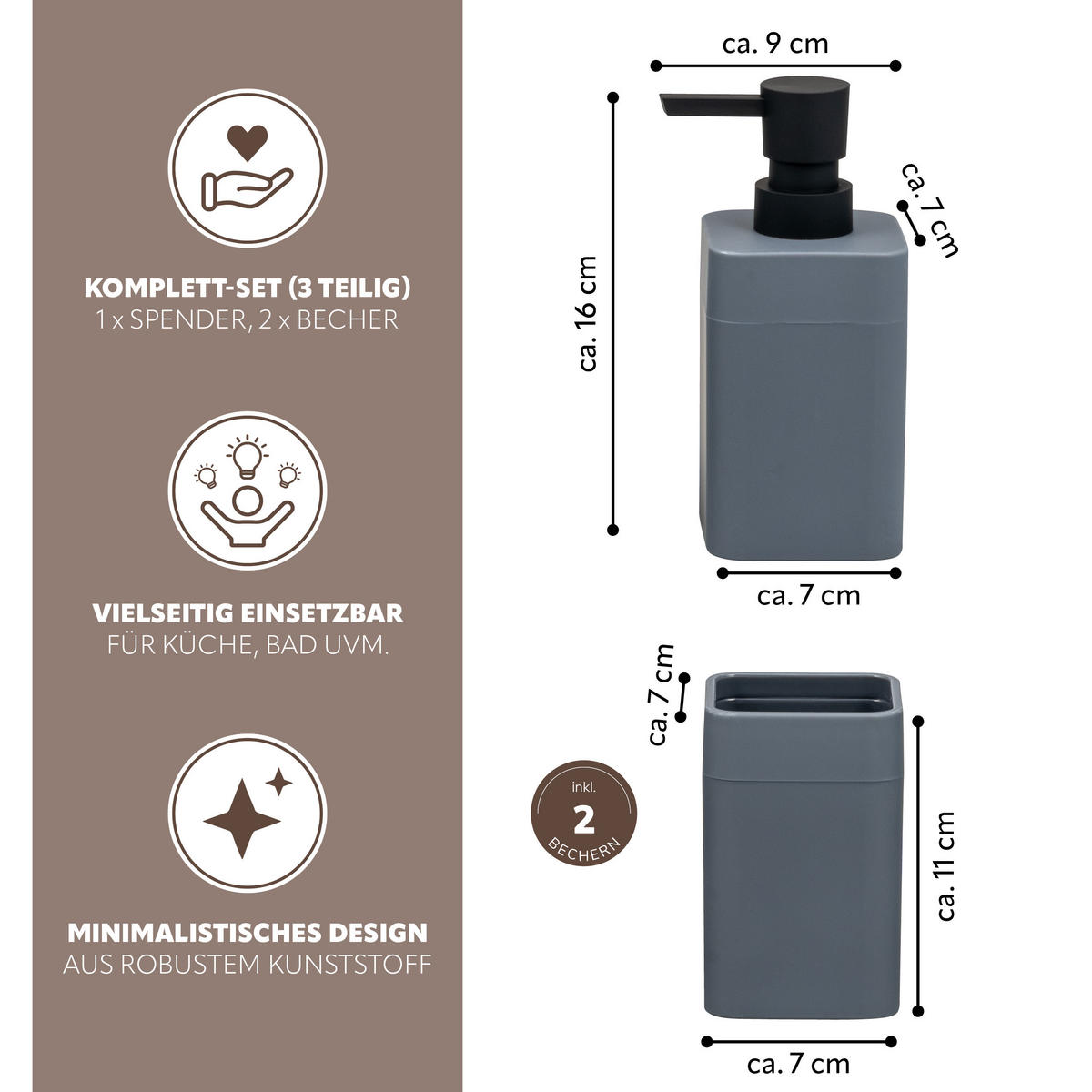 BADEZIMMER-SET SAVONA, Soft-Touch, grau, eckig - Grau, Kunststoff (7/16/9cm) - bremermann