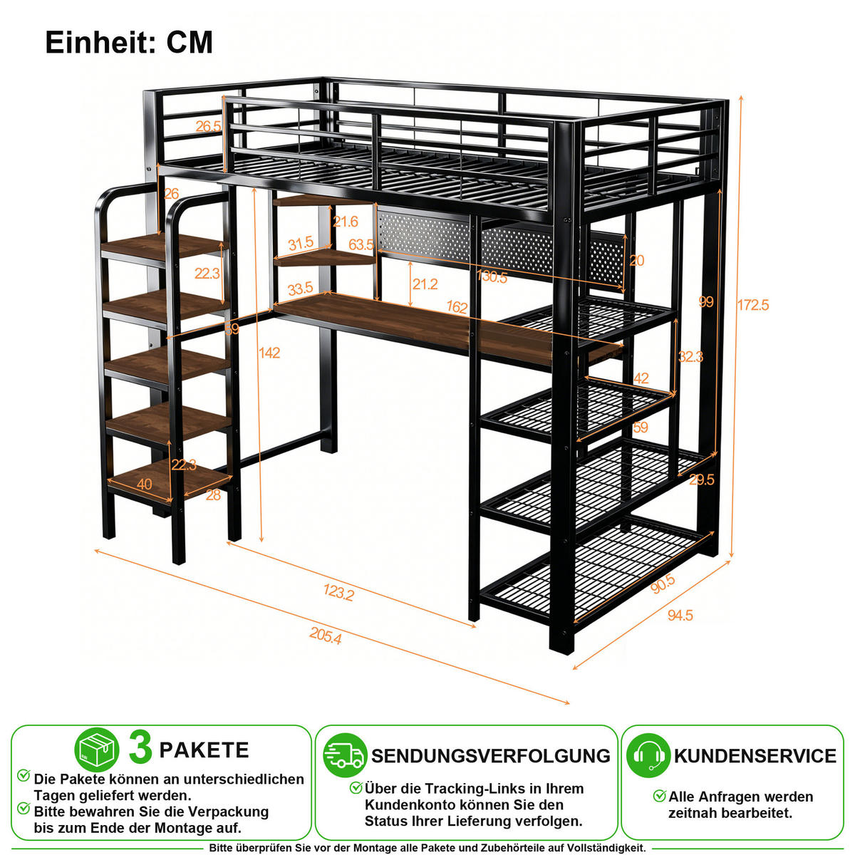 HOCHBETT 90/200 cm in Schwarz mit LED, Steckdosen und Ablage aus Metall & Holz - Schwarz, Holzwerkstoff/Metall (90/200cm) - CHICFURN