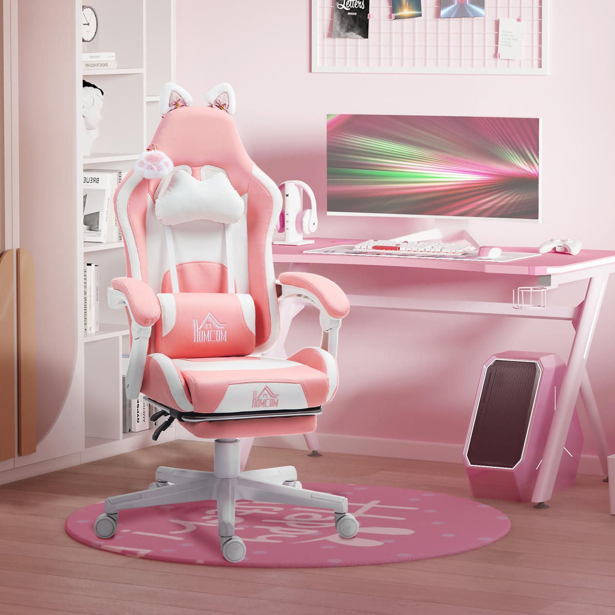 GAMING Stuhl Ergonomischer Gamer Stuhl mit Lendenwirbelstütze, Fußstütze Rosa - Rosa/Weiß, Leder/Kunststoff (62/124/65cm) - HOMCOM