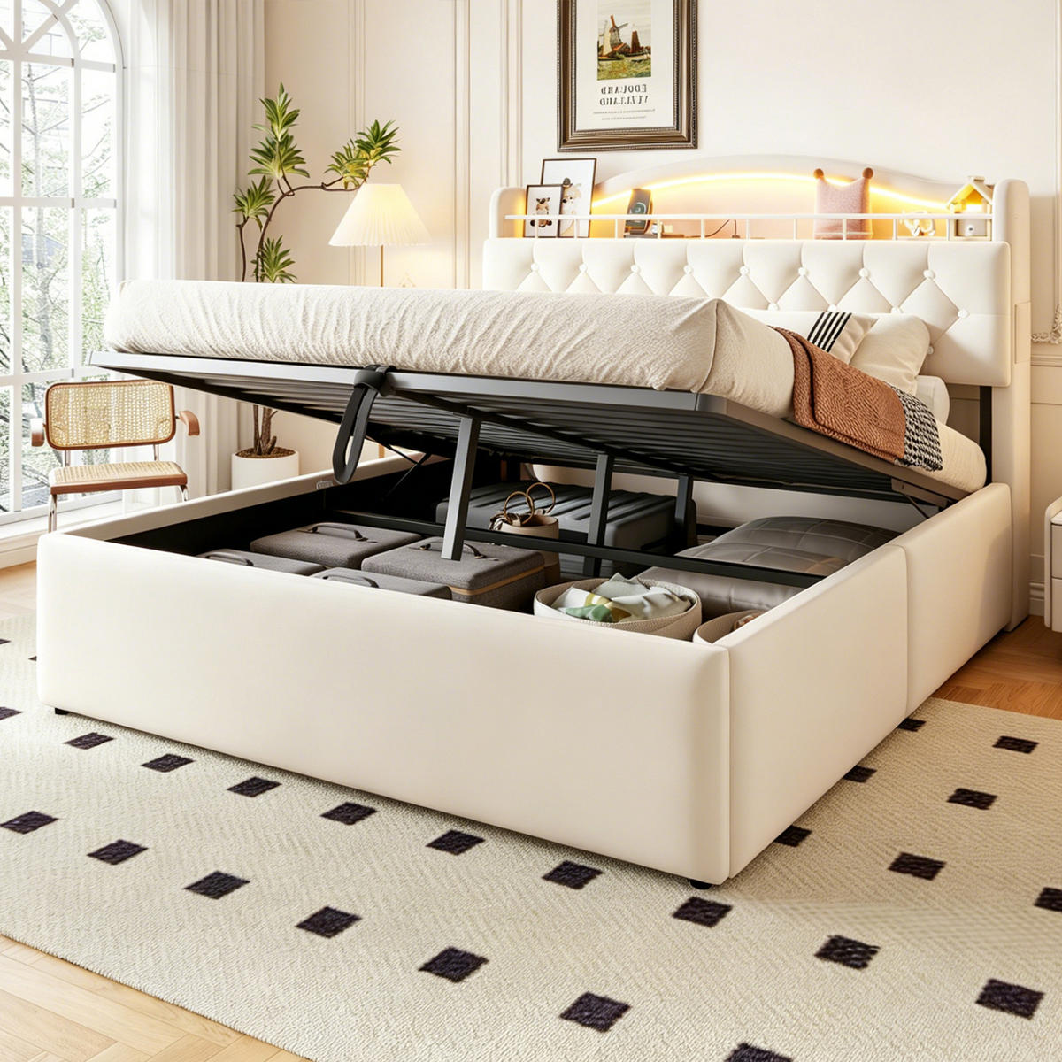 POLSTERBETT 140/200 cm in Beige mit Bettkasten, USB, Type-C und LED Samt - Beige, Holzwerkstoff/Textil (140/200cm) - STILVORA