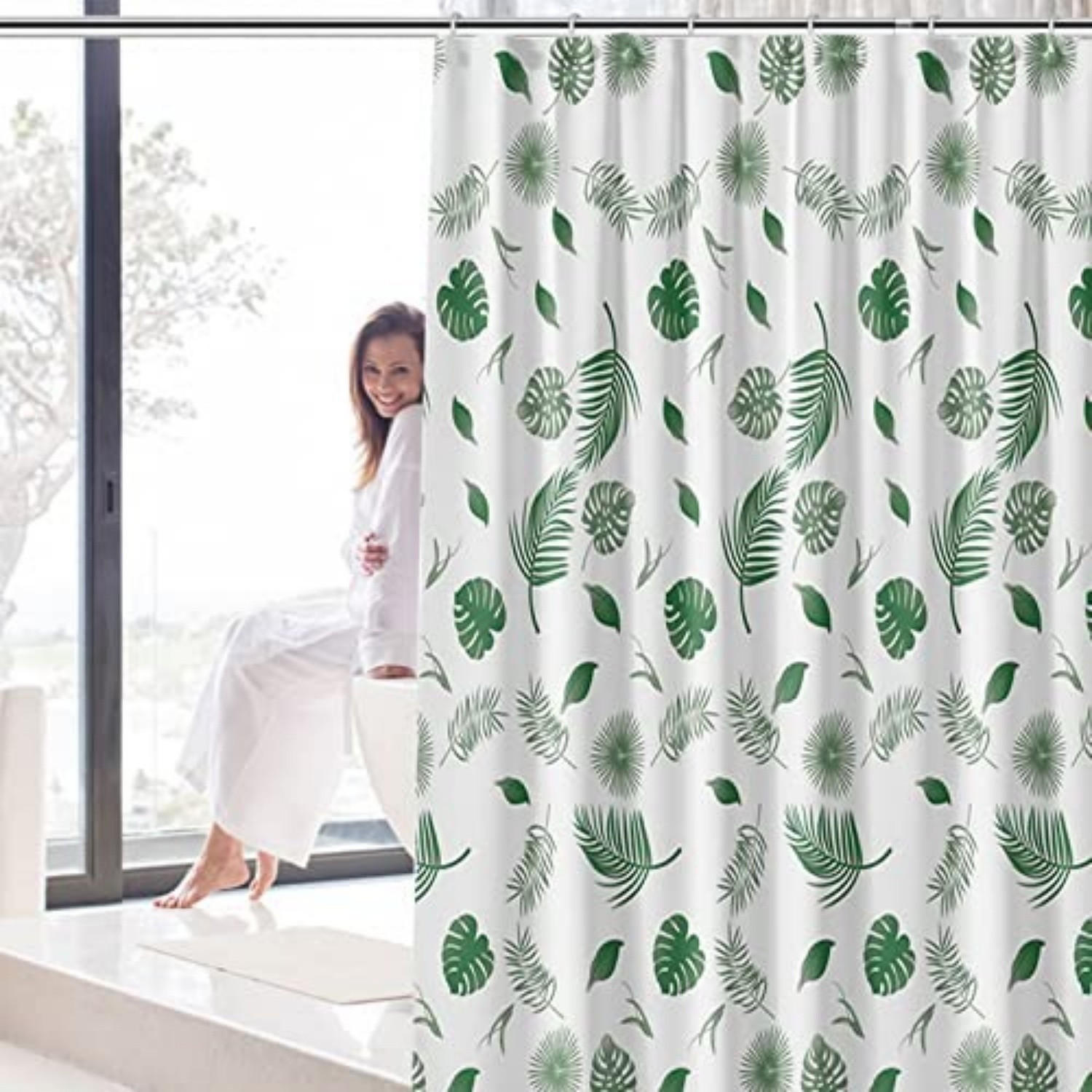DUSCHVORHANG Weiß Blätter Grün wasserdicht schimmelresistent Badezimmer - Multicolor, Kunststoff (180/180cm) - MCBOSON